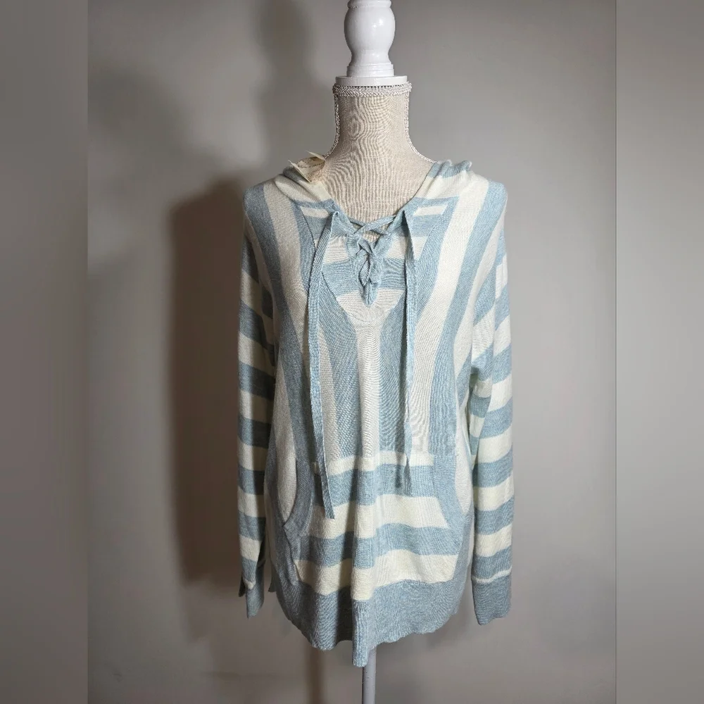 NWT Hem & Thread Blue and Cream Knit Summer Beachwear Hoodie size M - Picture 2 of 12